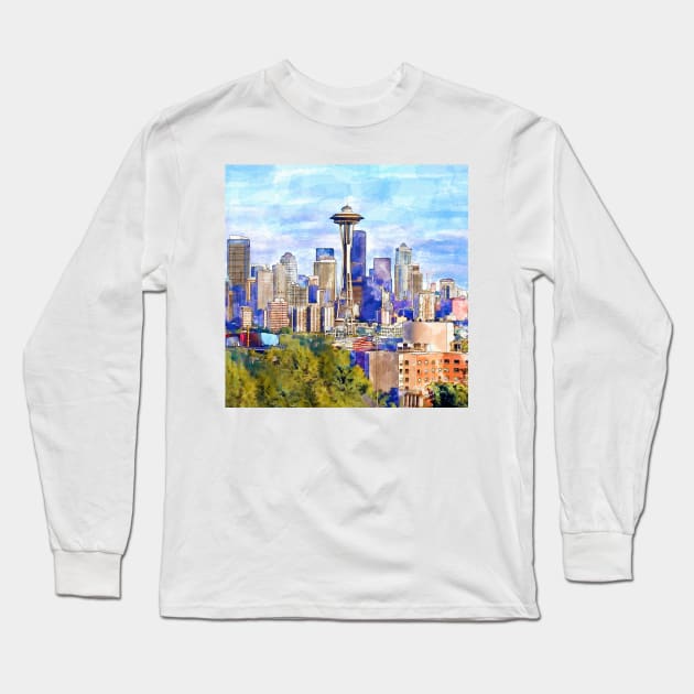 Seattle View in watercolor Long Sleeve T-Shirt by Marian Voicu